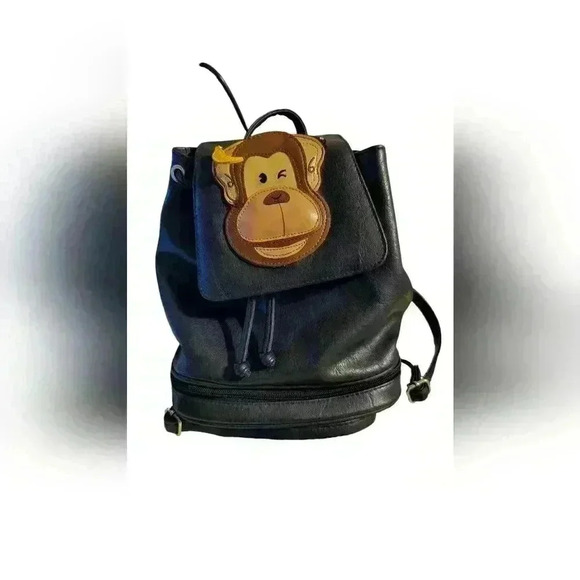 Y2K Black Mini Faux Leather Backpack with Monkey Zipper Strap Coin Purse - Picture 1 of 8